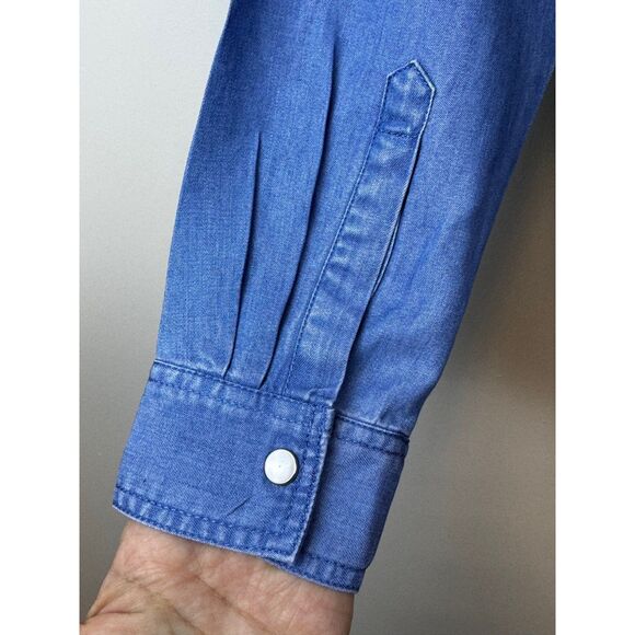 LOFT Pearl Snap Lyocell Chambray Popover Shirt Ruffle Neck, Sz S - Picture 7 of 9